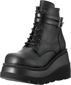 Chunky Platform Boots for Women, Square Toe Lace Up Zip High Heel Combat Wedge Ankle Boots with Side Zip Perfect for Party (Black, 9.5-10)