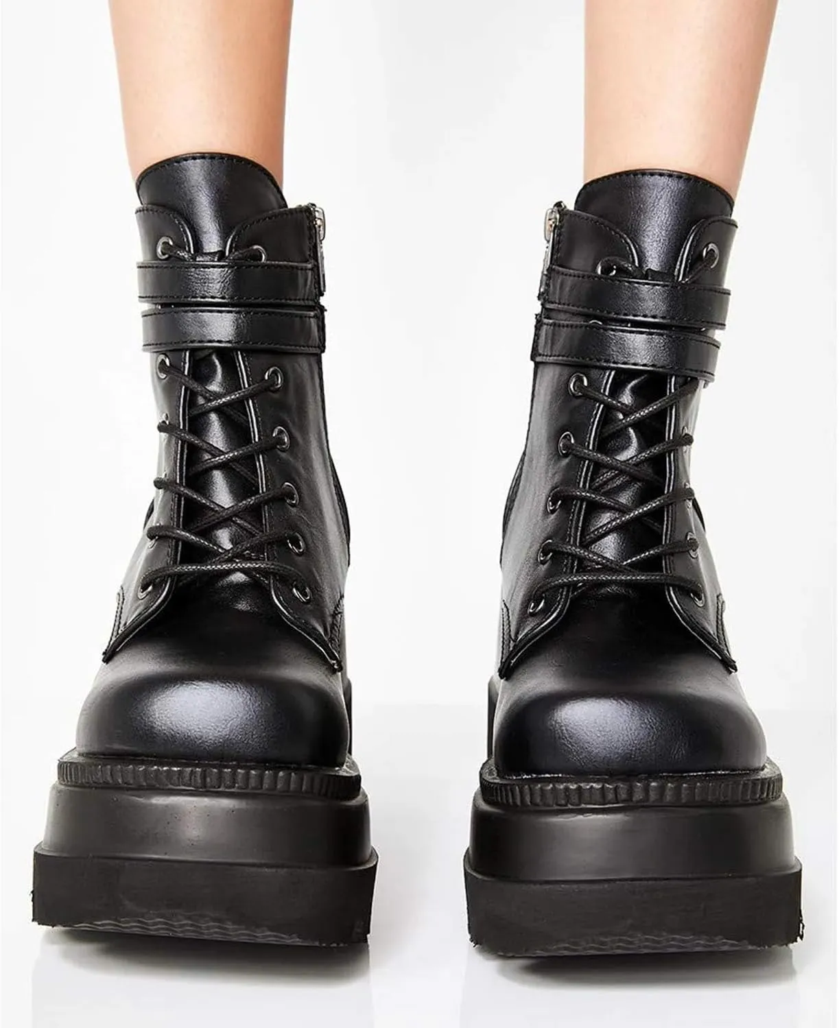 Chunky Platform Boots for Women, Square Toe Lace Up Zip High Heel Combat Wedge Ankle Boots with Side Zip Perfect for Party (Black, 9.5-10)