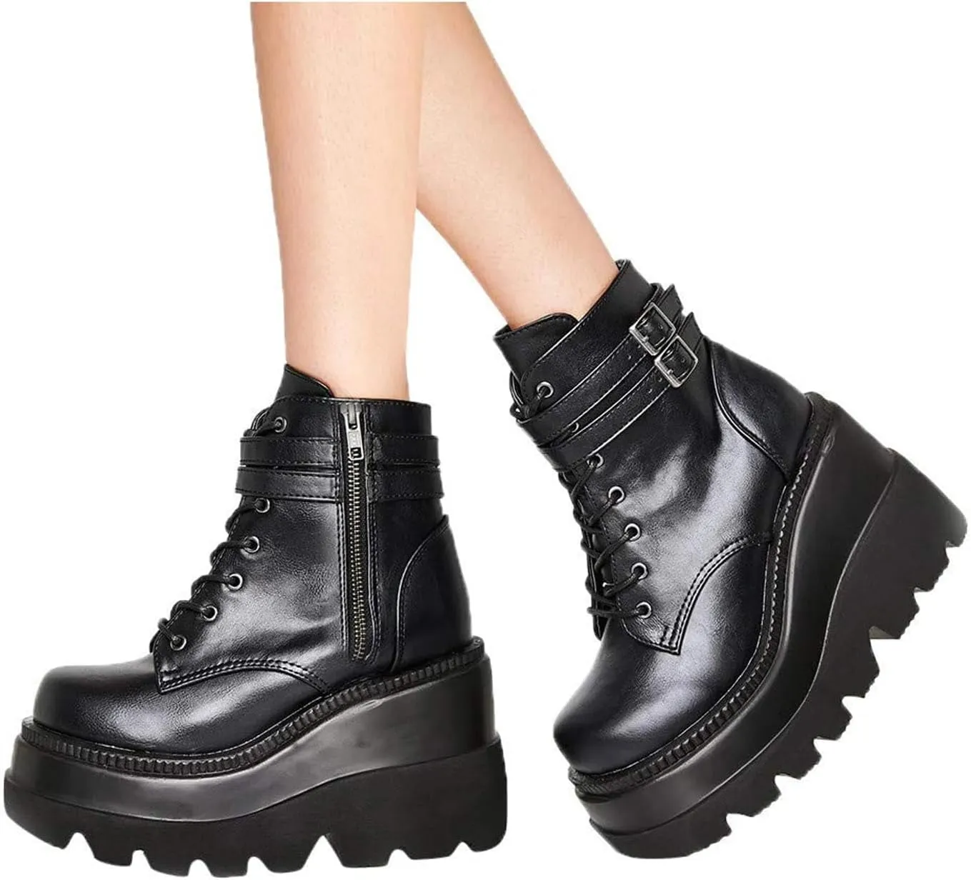 Chunky Platform Boots for Women, Square Toe Lace Up Zip High Heel Combat Wedge Ankle Boots with Side Zip Perfect for Party (Black, 9.5-10)