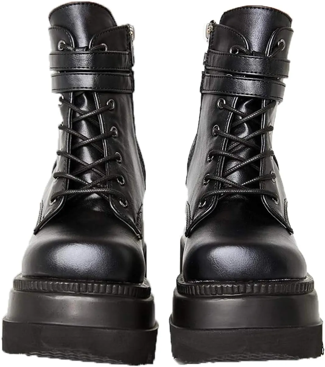 Chunky Platform Boots for Women, Square Toe Lace Up Zip High Heel Combat Wedge Ankle Boots with Side Zip Perfect for Party (Black, 9.5-10)