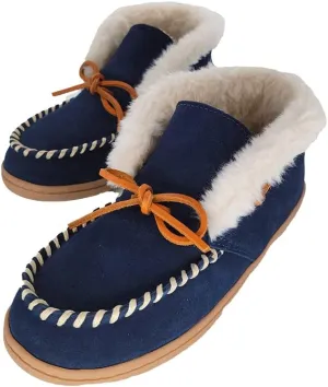 Clarks Women's Moccasin Bootie Slippers, JMH1814B - Suede Indoor/Outdoor Slip-Ons with Faux Fur Lining & Non-Slip Gripped Rubber Outsole - Ladies Comfy & Fluffy Ankle Boots for Winter Use, Navy, 8 US