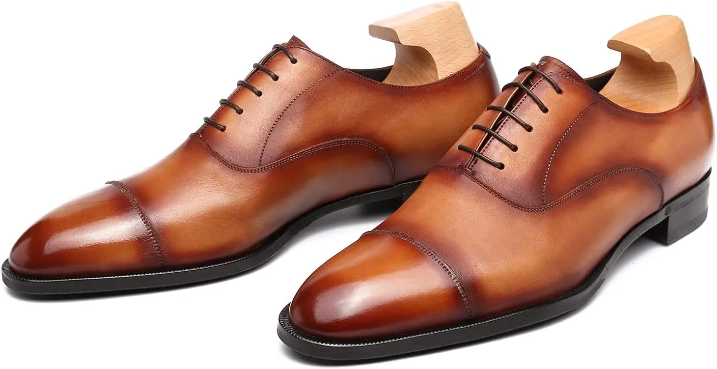 Classic Derby Oxford for Men Hand Made Custom Genuine Full Grain Leather Burnished Cap Toe Dress Shoes Block Heel Lace up Hand Stitching