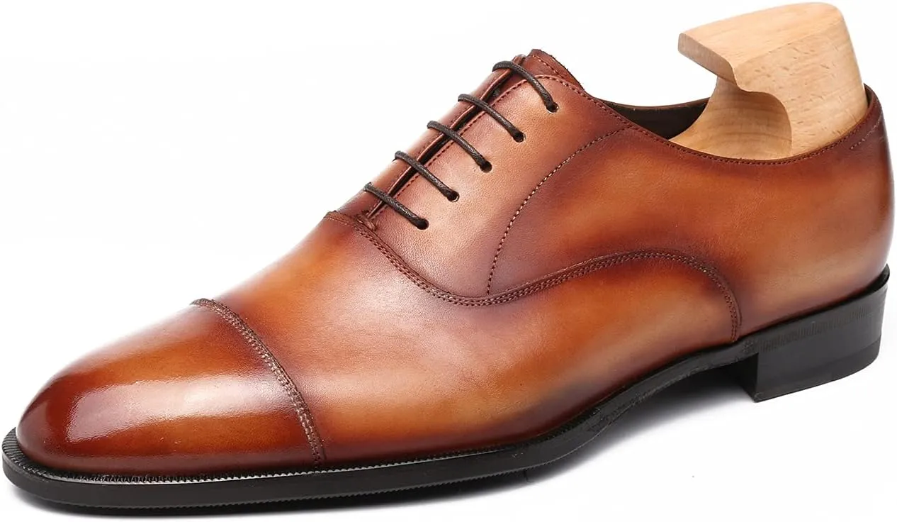 Classic Derby Oxford for Men Hand Made Custom Genuine Full Grain Leather Burnished Cap Toe Dress Shoes Block Heel Lace up Hand Stitching