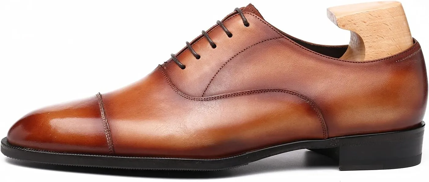 Classic Derby Oxford for Men Hand Made Custom Genuine Full Grain Leather Burnished Cap Toe Dress Shoes Block Heel Lace up Hand Stitching