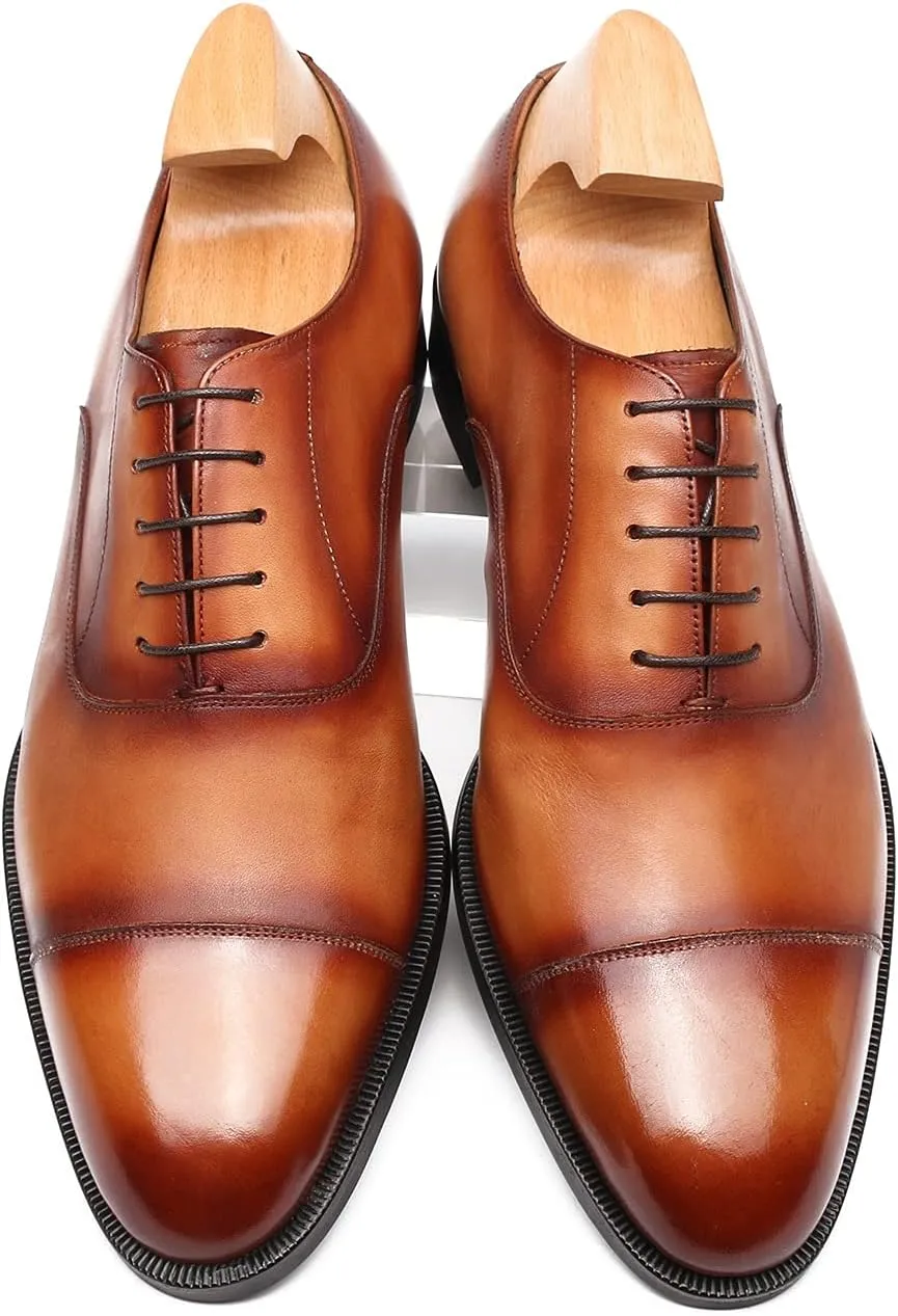 Classic Derby Oxford for Men Hand Made Custom Genuine Full Grain Leather Burnished Cap Toe Dress Shoes Block Heel Lace up Hand Stitching