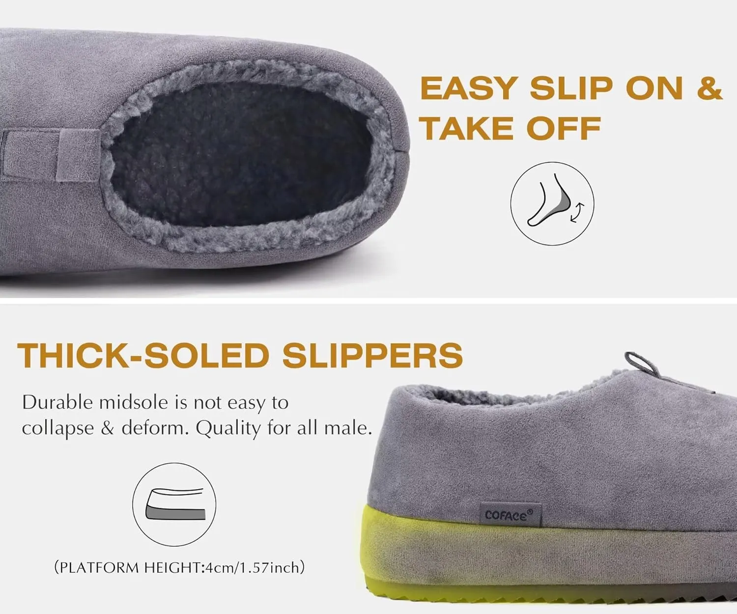 COFACE Men's Clog Slippers Cozy Thick Cushion Memory Foam Indoor Outdoor Lightweight Warm Sherpa Lining House Shoes For Man With Arch Support Rubber Hard Sole