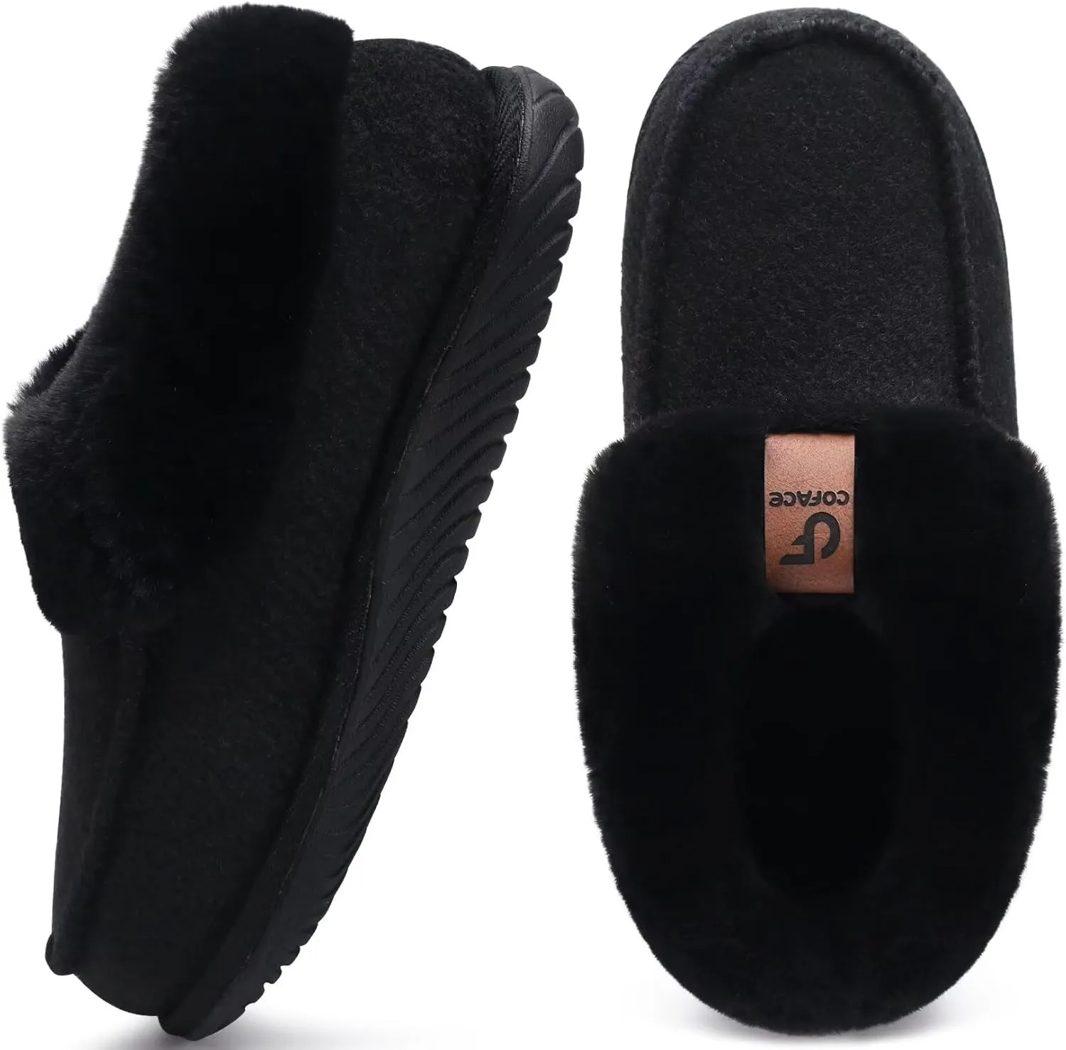 COFACE Women's Memory Foam House Slippers Arch Support Moccasin Winter Shoes Ladies Warm Fuzzy Faux Fur Collar With Indoor Outdoor Rubber Sole