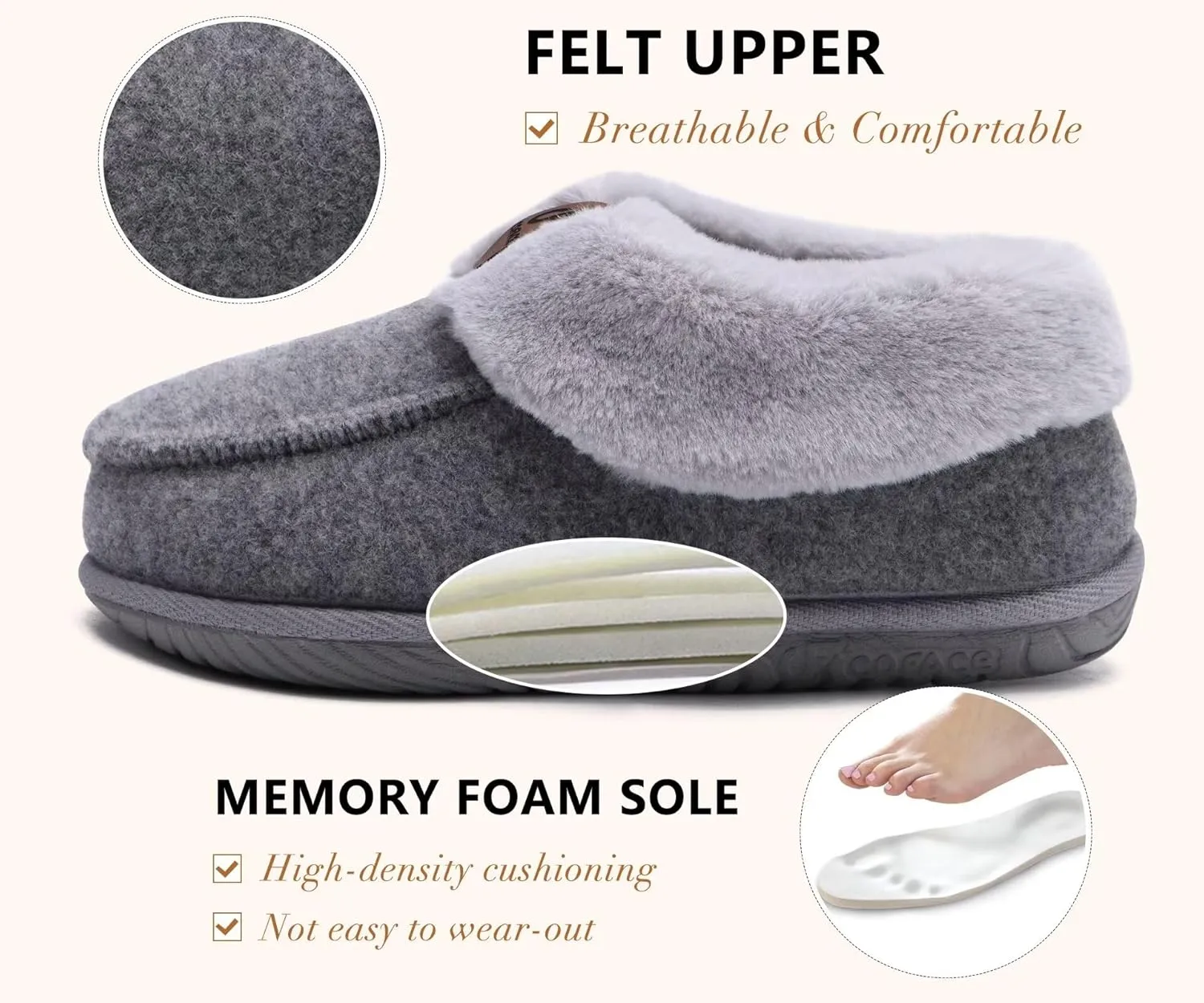 COFACE Women's Memory Foam House Slippers Arch Support Moccasin Winter Shoes Ladies Warm Fuzzy Faux Fur Collar With Indoor Outdoor Rubber Sole