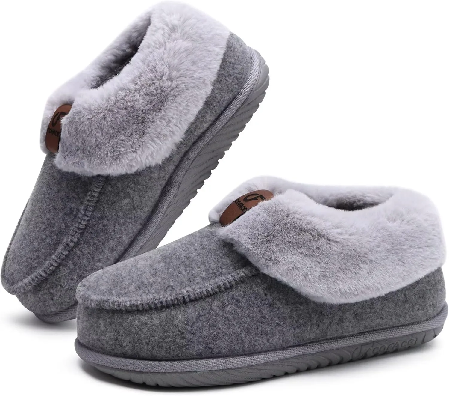 COFACE Women's Memory Foam House Slippers Arch Support Moccasin Winter Shoes Ladies Warm Fuzzy Faux Fur Collar With Indoor Outdoor Rubber Sole
