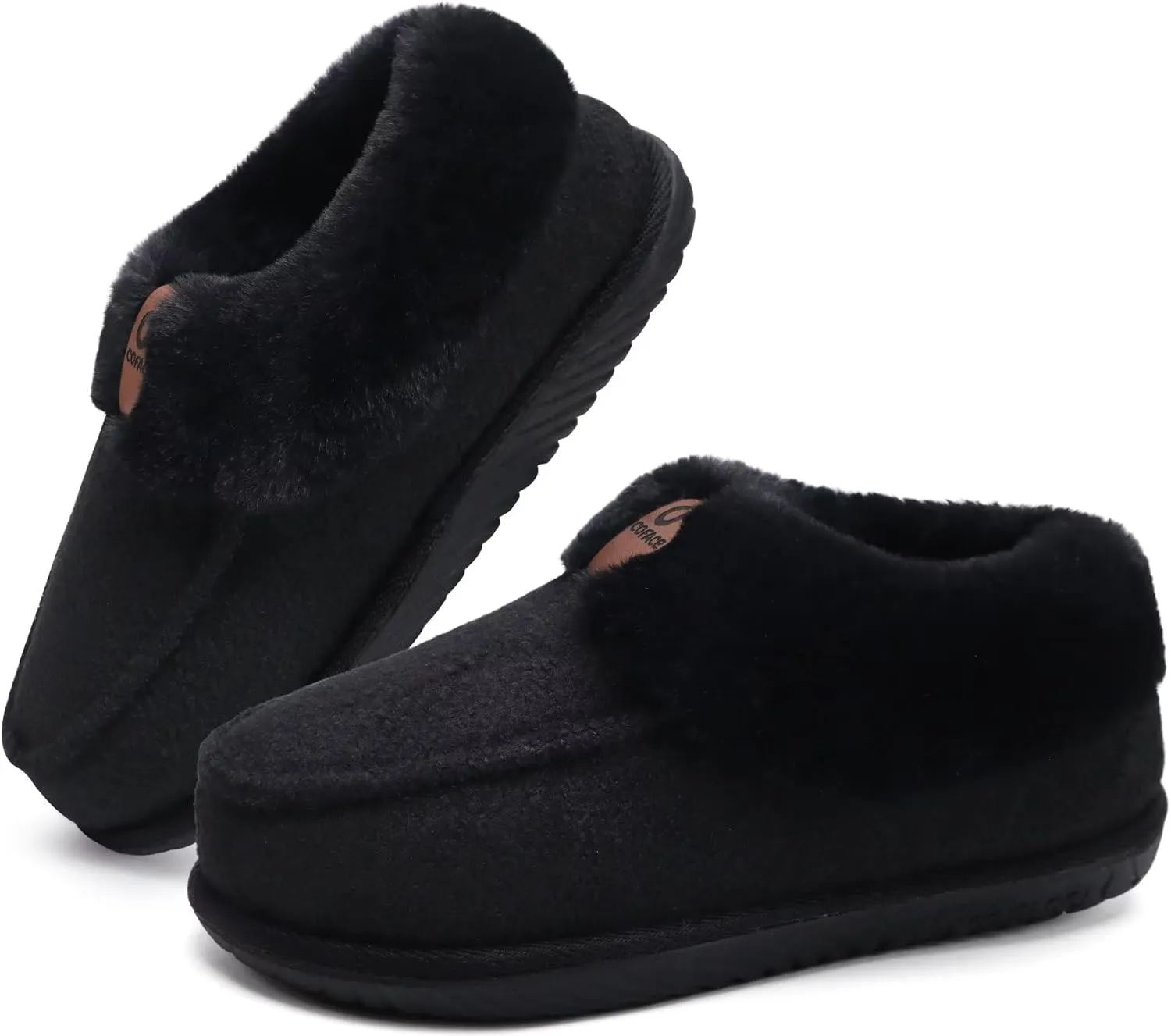 COFACE Women's Memory Foam House Slippers Arch Support Moccasin Winter Shoes Ladies Warm Fuzzy Faux Fur Collar With Indoor Outdoor Rubber Sole