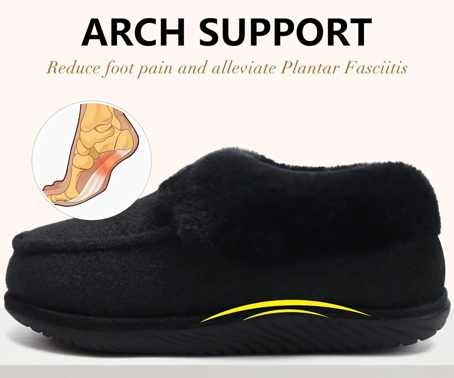 COFACE Women's Memory Foam House Slippers Arch Support Moccasin Winter Shoes Ladies Warm Fuzzy Faux Fur Collar With Indoor Outdoor Rubber Sole