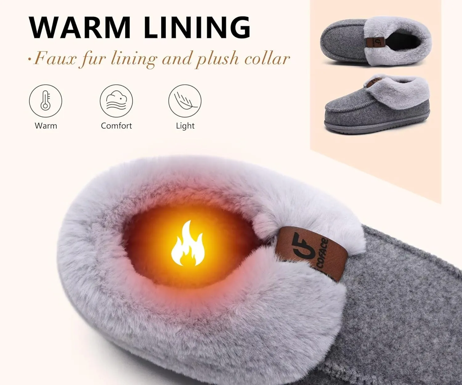 COFACE Women's Memory Foam House Slippers Arch Support Moccasin Winter Shoes Ladies Warm Fuzzy Faux Fur Collar With Indoor Outdoor Rubber Sole