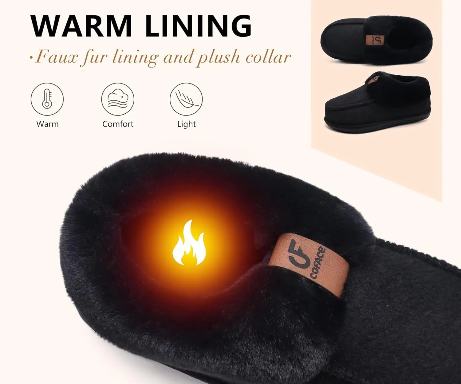 COFACE Women's Memory Foam House Slippers Arch Support Moccasin Winter Shoes Ladies Warm Fuzzy Faux Fur Collar With Indoor Outdoor Rubber Sole