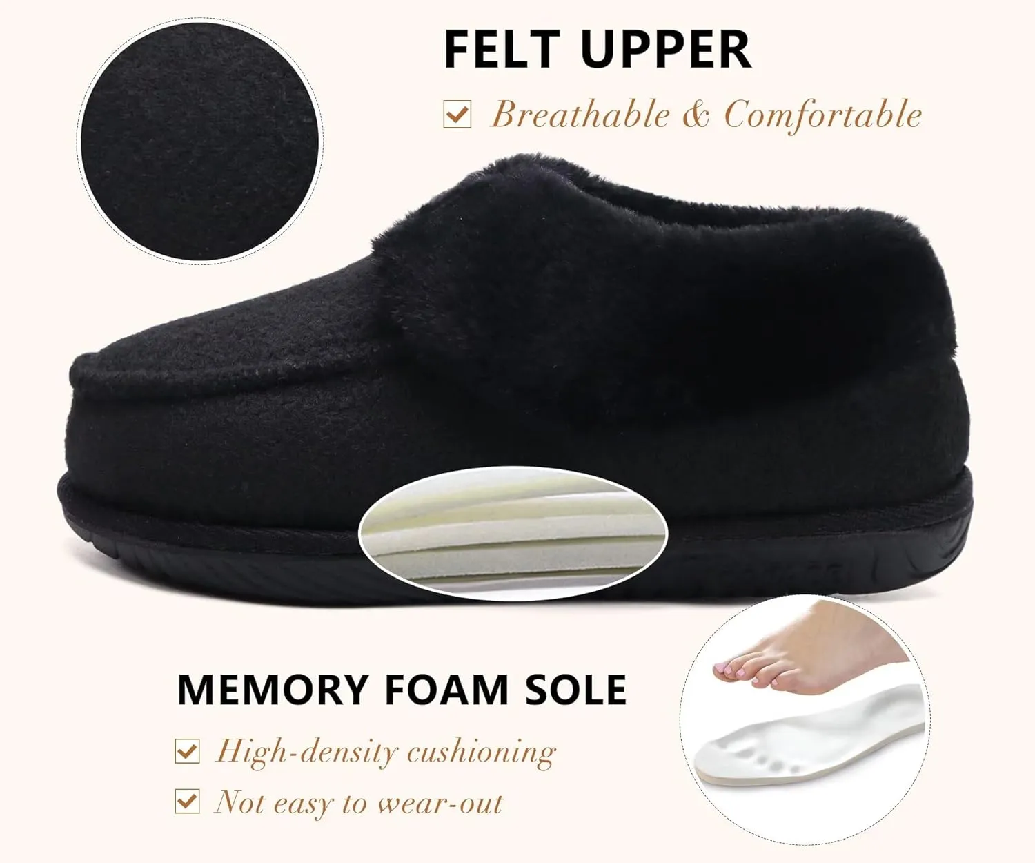COFACE Women's Memory Foam House Slippers Arch Support Moccasin Winter Shoes Ladies Warm Fuzzy Faux Fur Collar With Indoor Outdoor Rubber Sole