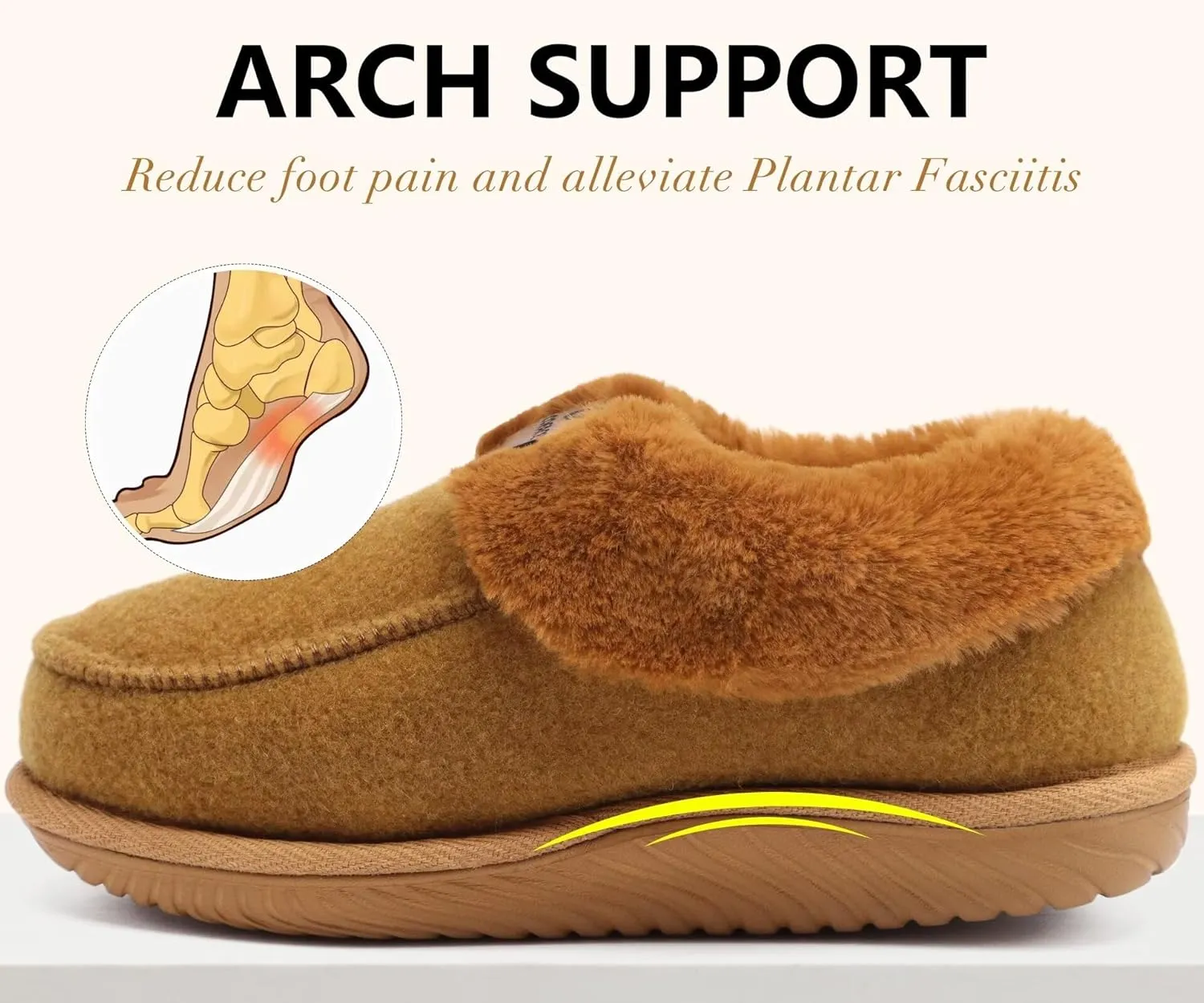 COFACE Women's Memory Foam House Slippers Arch Support Moccasin Winter Shoes Ladies Warm Fuzzy Faux Fur Collar With Indoor Outdoor Rubber Sole