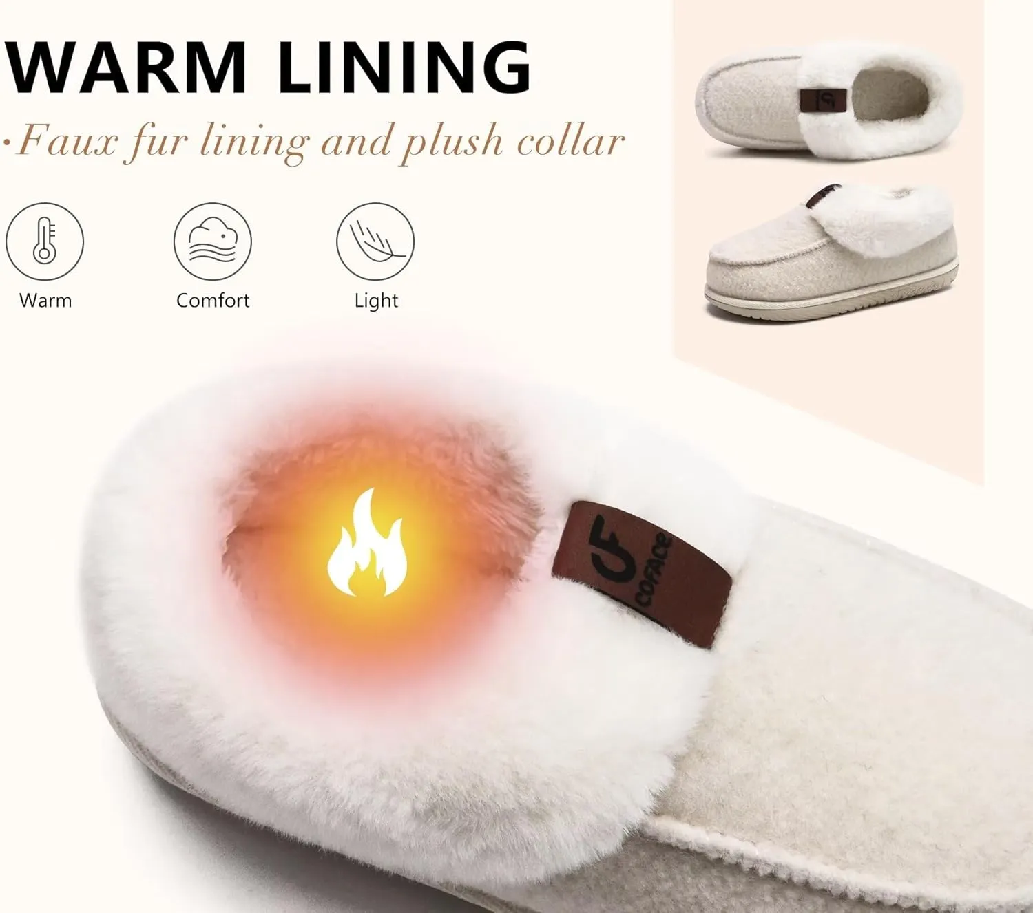 COFACE Women's Memory Foam House Slippers Arch Support Moccasin Winter Shoes Ladies Warm Fuzzy Faux Fur Collar With Indoor Outdoor Rubber Sole