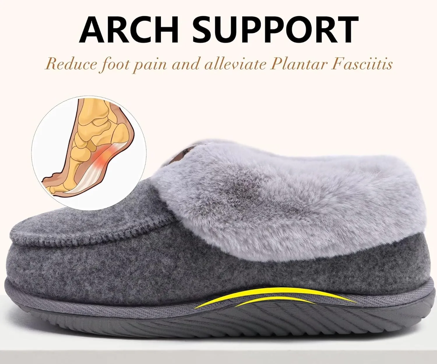 COFACE Women's Memory Foam House Slippers Arch Support Moccasin Winter Shoes Ladies Warm Fuzzy Faux Fur Collar With Indoor Outdoor Rubber Sole