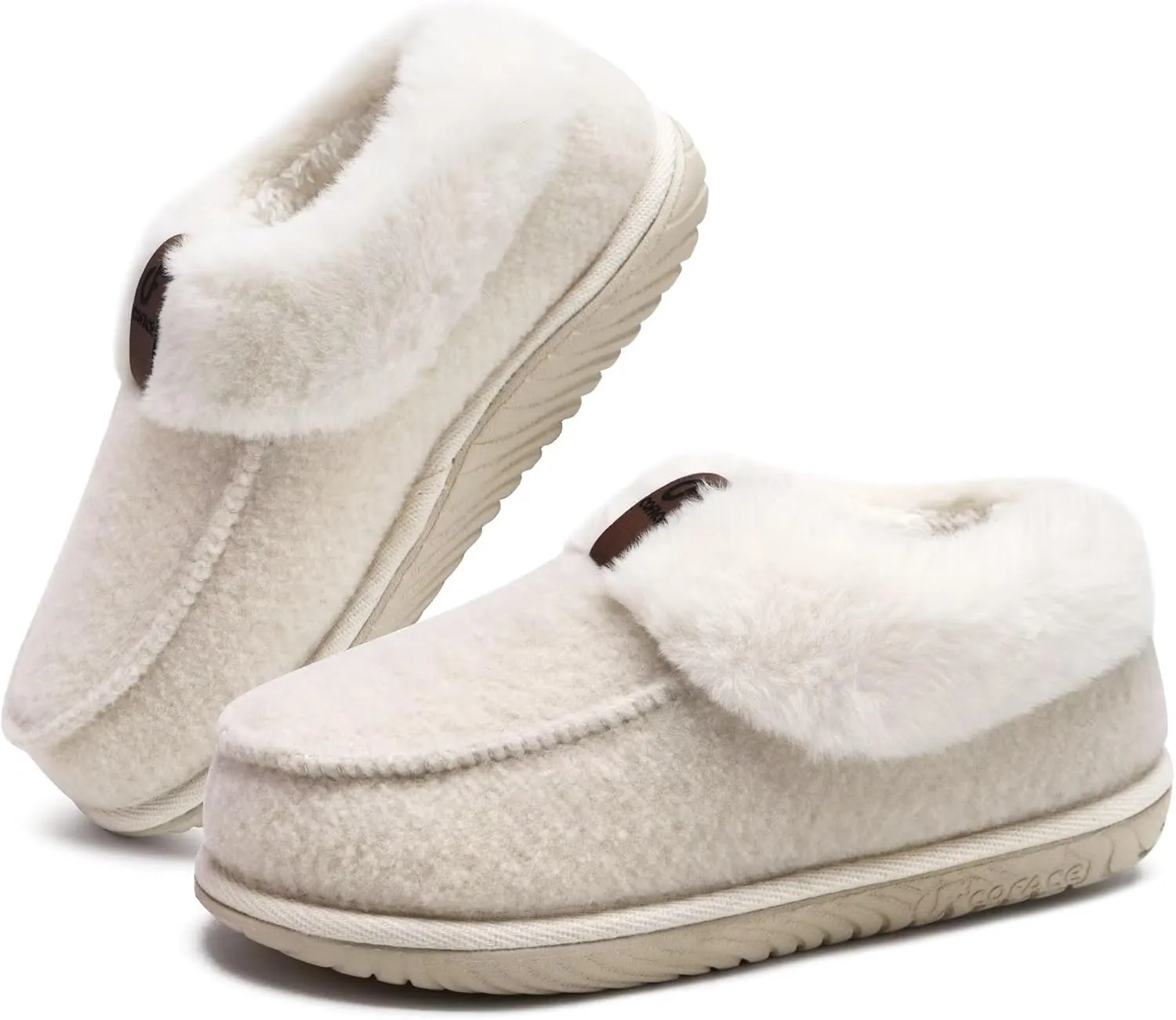 COFACE Women's Memory Foam House Slippers Arch Support Moccasin Winter Shoes Ladies Warm Fuzzy Faux Fur Collar With Indoor Outdoor Rubber Sole