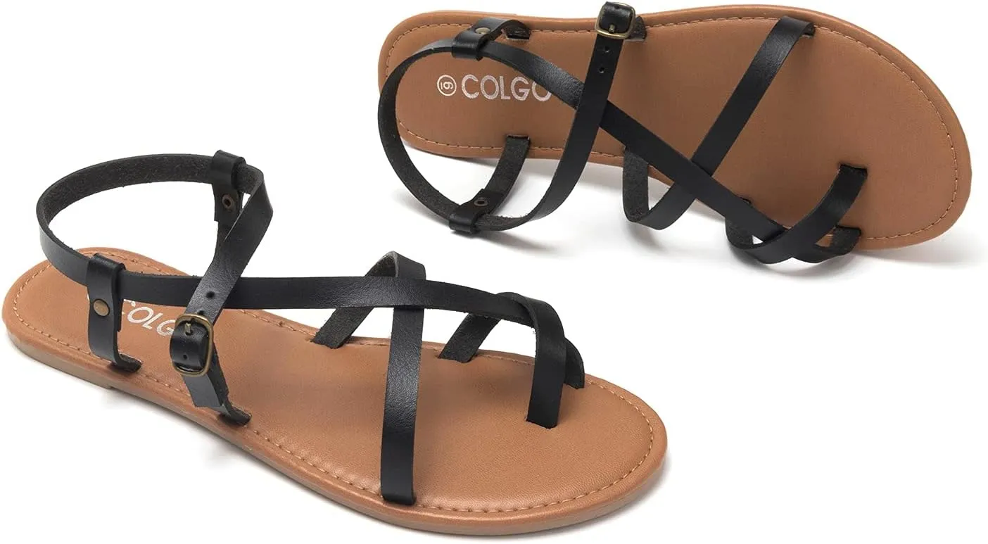 Colgo Women's Summer Strappy Flat Sandals, Adjustable Casual Fisherman Sandal with Open Toe Slingback Gladiator Sandals