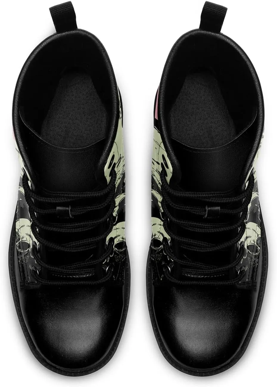 Combat Boots for Men Womens Fashion Lace-Up Skull Rose Ankle Booties Chunky Heel Platform Leather Work Boots