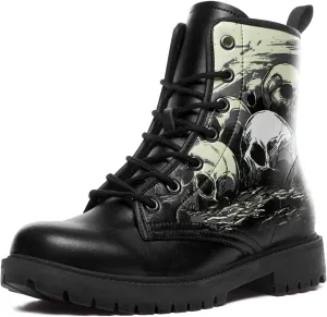 Combat Boots for Men Womens Fashion Lace-Up Skull Rose Ankle Booties Chunky Heel Platform Leather Work Boots