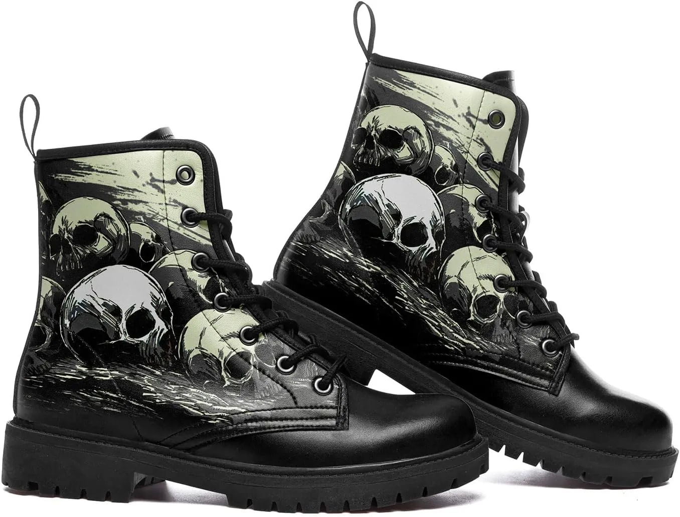 Combat Boots for Men Womens Fashion Lace-Up Skull Rose Ankle Booties Chunky Heel Platform Leather Work Boots