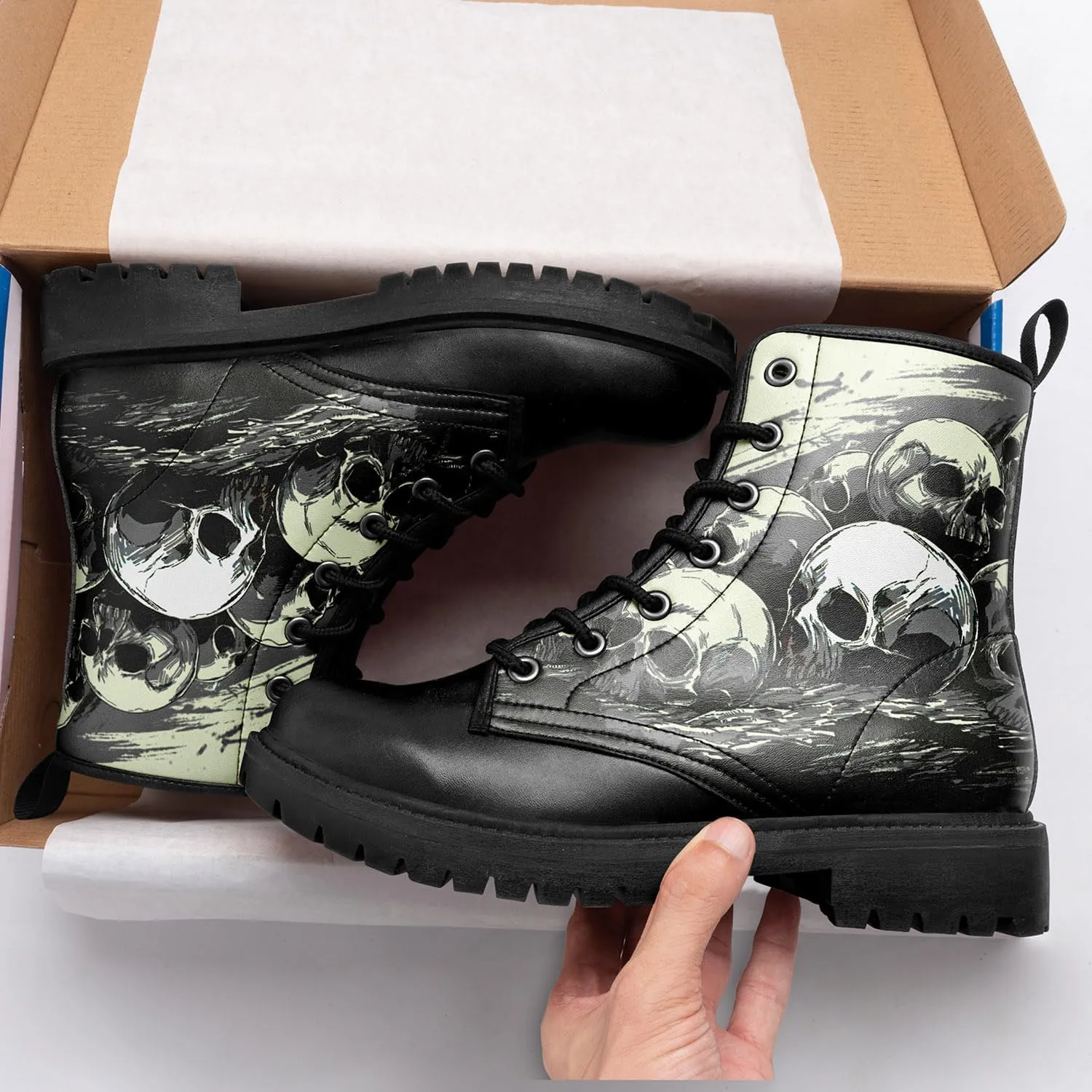 Combat Boots for Men Womens Fashion Lace-Up Skull Rose Ankle Booties Chunky Heel Platform Leather Work Boots