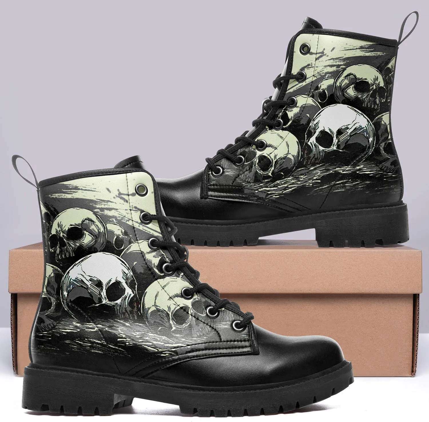 Combat Boots for Men Womens Fashion Lace-Up Skull Rose Ankle Booties Chunky Heel Platform Leather Work Boots