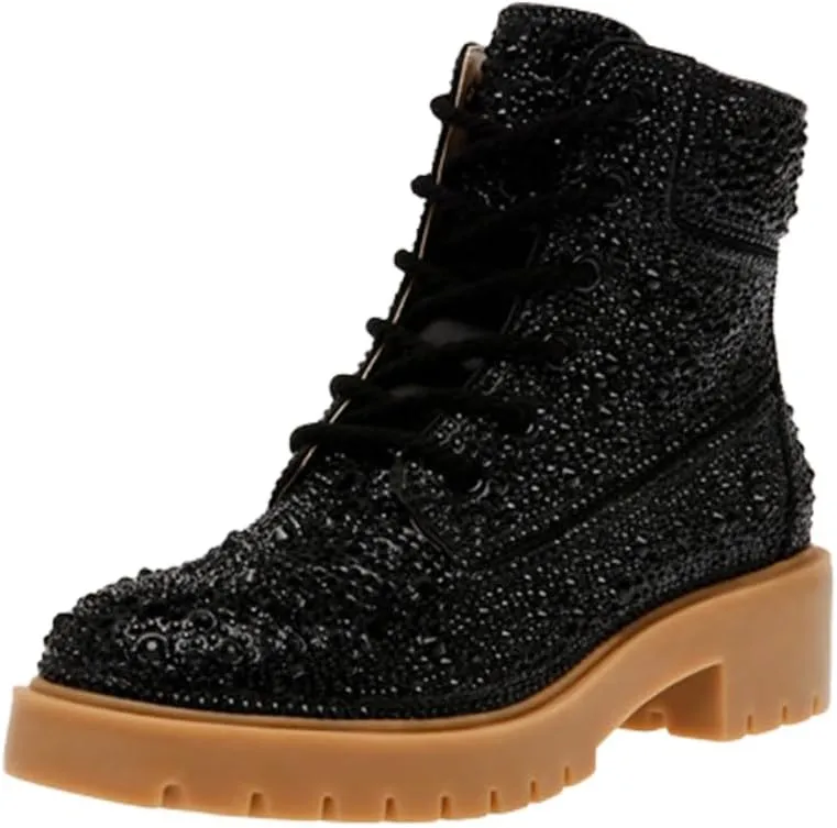 CORNMOOD Rhinestone Boots For Women Sparkly Sparkle Combat Booties Glitter Sneakers Bling Ankle Boots