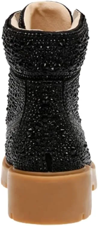 CORNMOOD Rhinestone Boots For Women Sparkly Sparkle Combat Booties Glitter Sneakers Bling Ankle Boots