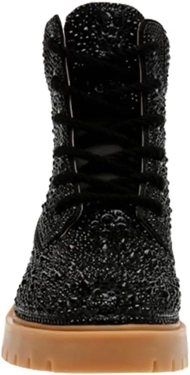 CORNMOOD Rhinestone Boots For Women Sparkly Sparkle Combat Booties Glitter Sneakers Bling Ankle Boots