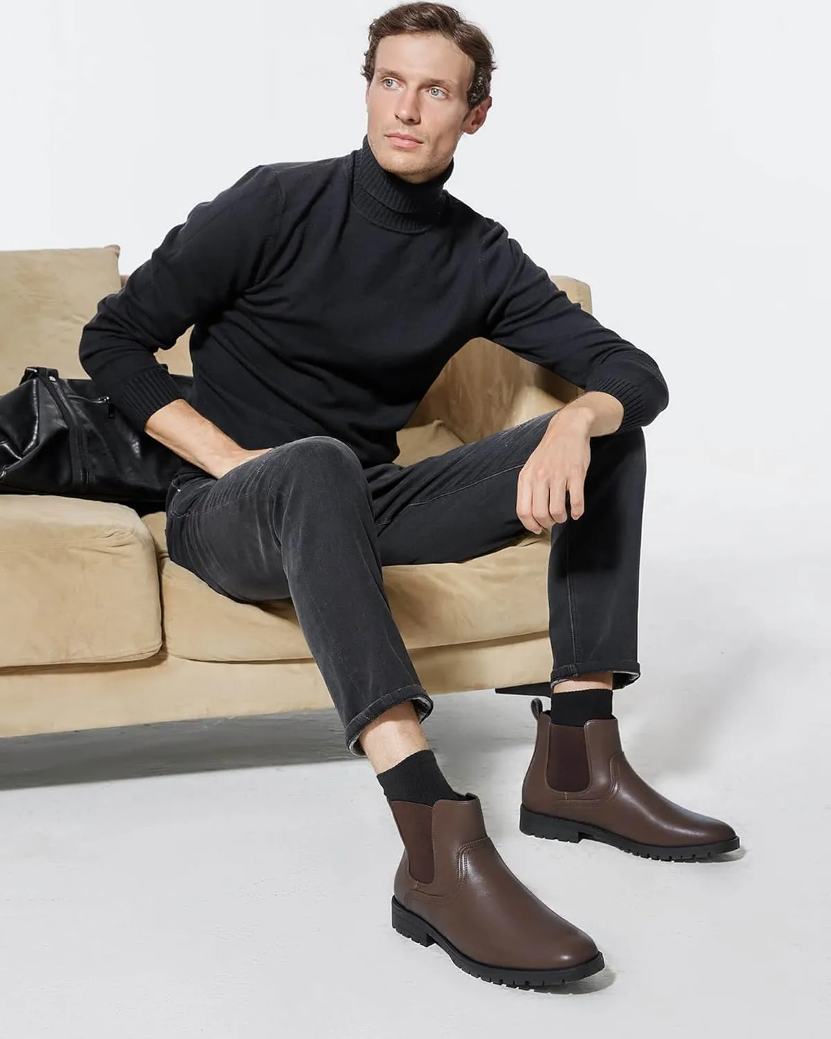 Coutgo Men's Ankle Boots Chelsea Booties Round Toe Slip on Waterproof Leather Dress Booties for Men