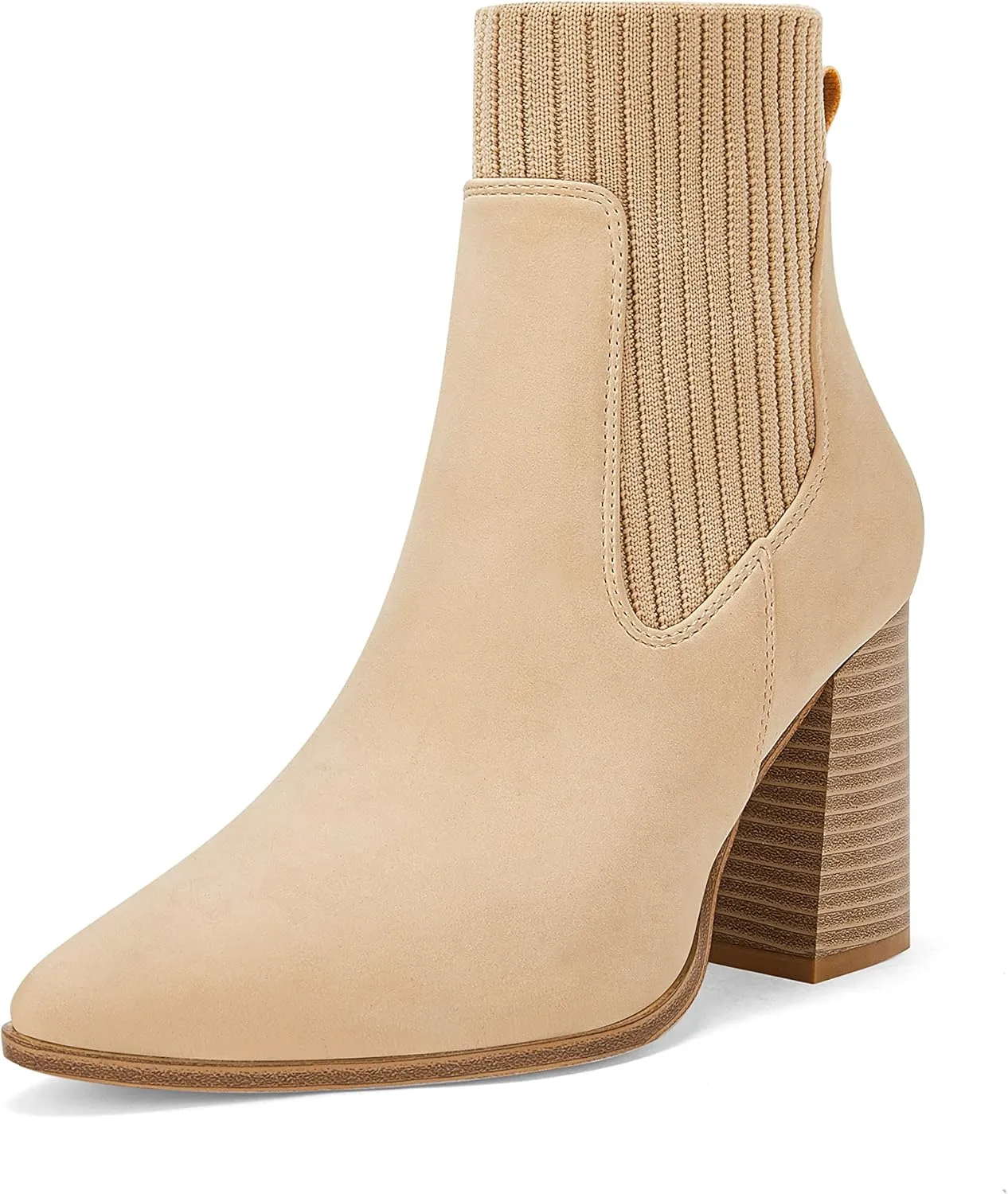 Coutgo Women Ankle Boots Sock Booties Pointed Toe Chunky Stacked High Heel Knit Chelsea Winter Dress Booties