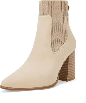 Coutgo Women Ankle Boots Sock Booties Pointed Toe Chunky Stacked High Heel Knit Chelsea Winter Dress Booties