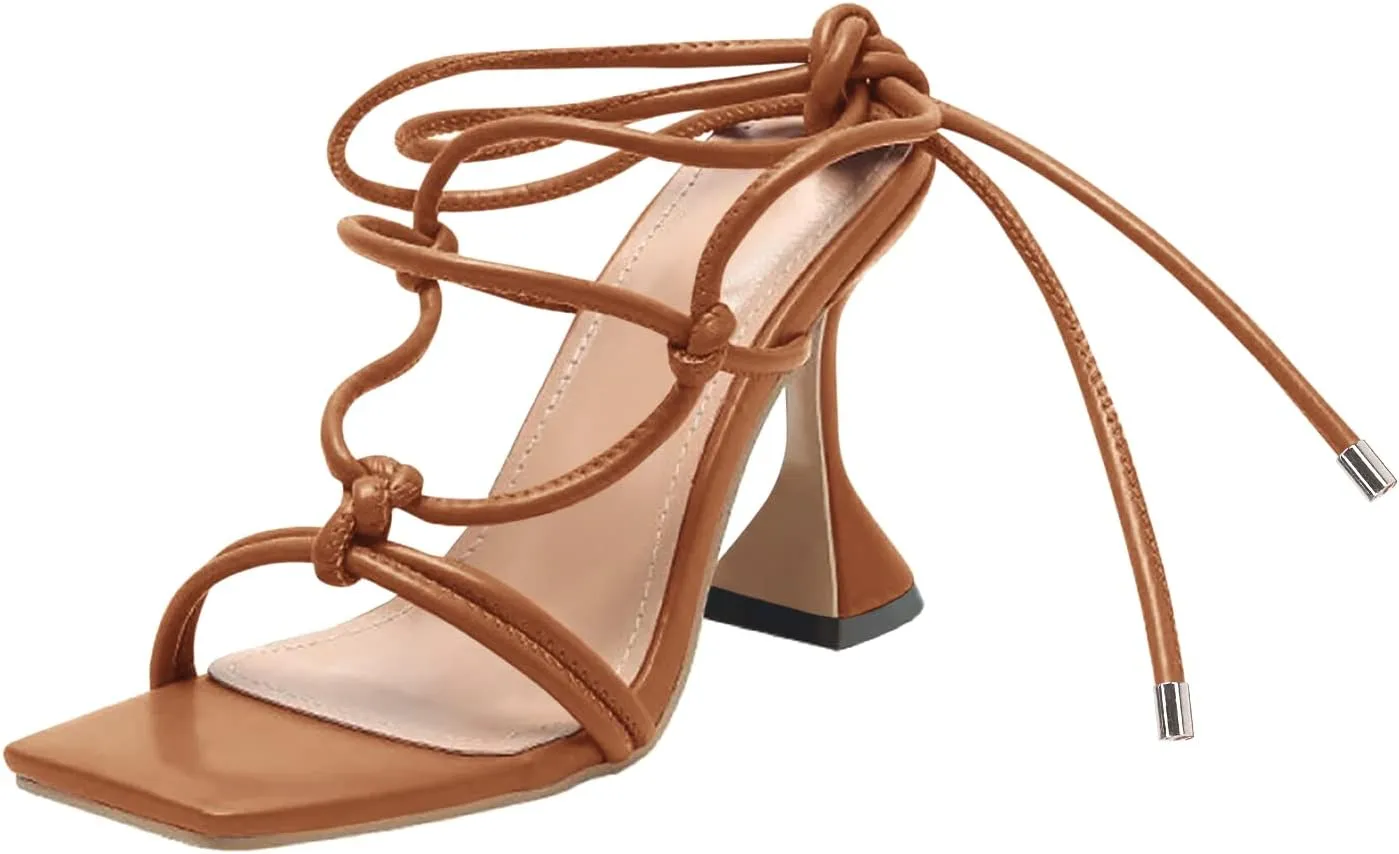 Coutgo Women's Lace Up Heels Gladiator Square Open Toe Dressy Stilettos Strappy Comfortable Summer Party Shoes