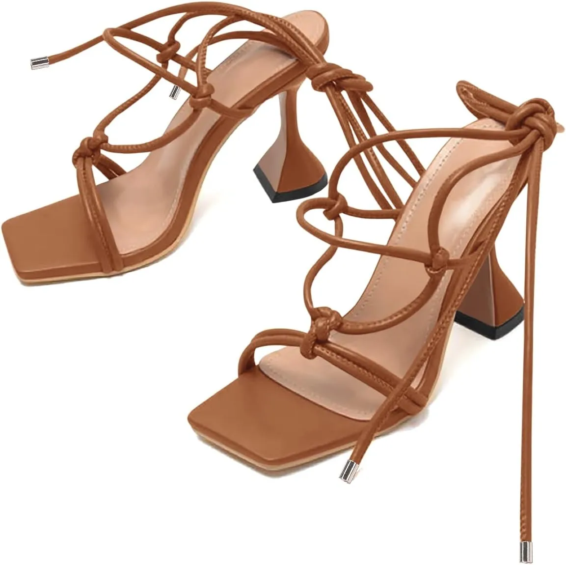 Coutgo Women's Lace Up Heels Gladiator Square Open Toe Dressy Stilettos Strappy Comfortable Summer Party Shoes