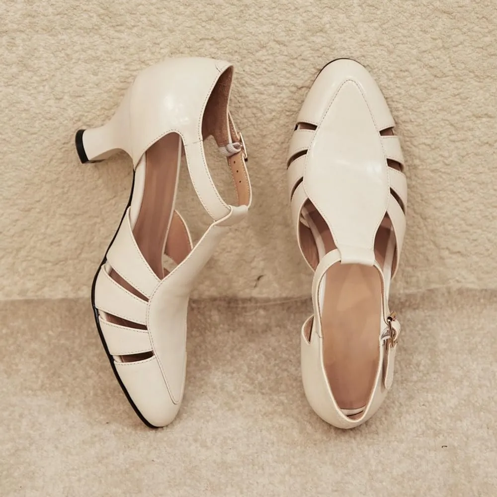 Coutgo Womens Low Heel Dress Shoes T-Strap Mary Jane Kitten Heels Dance Vintage Cutout Pumps