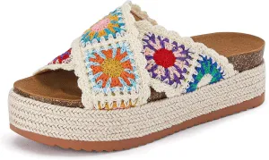 Coutgo Womens Platform Espadrille Sandals Flatform Floral Crochet Cork Open Toe Summer Beach Slide Sandals