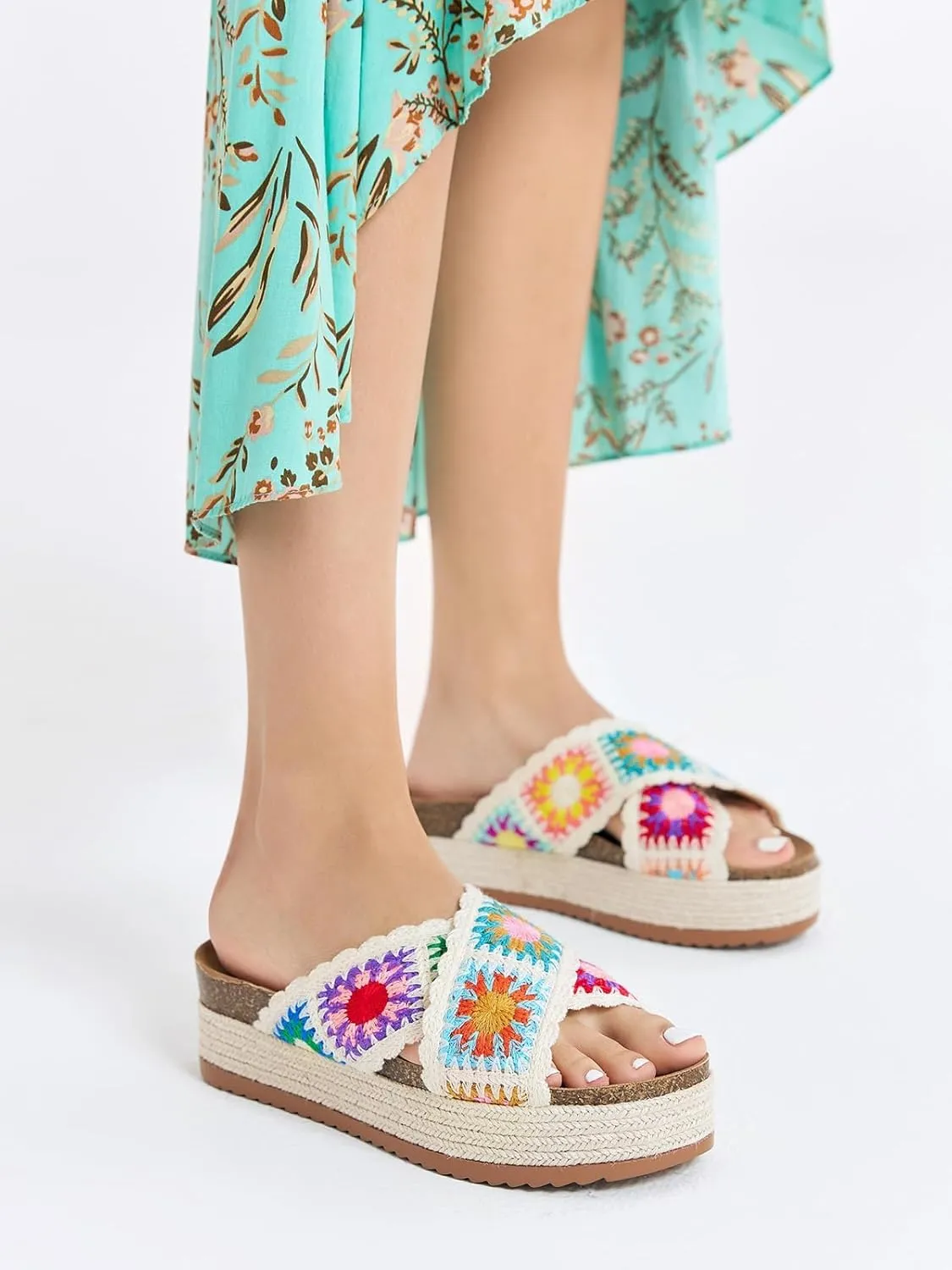 Coutgo Womens Platform Espadrille Sandals Flatform Floral Crochet Cork Open Toe Summer Beach Slide Sandals