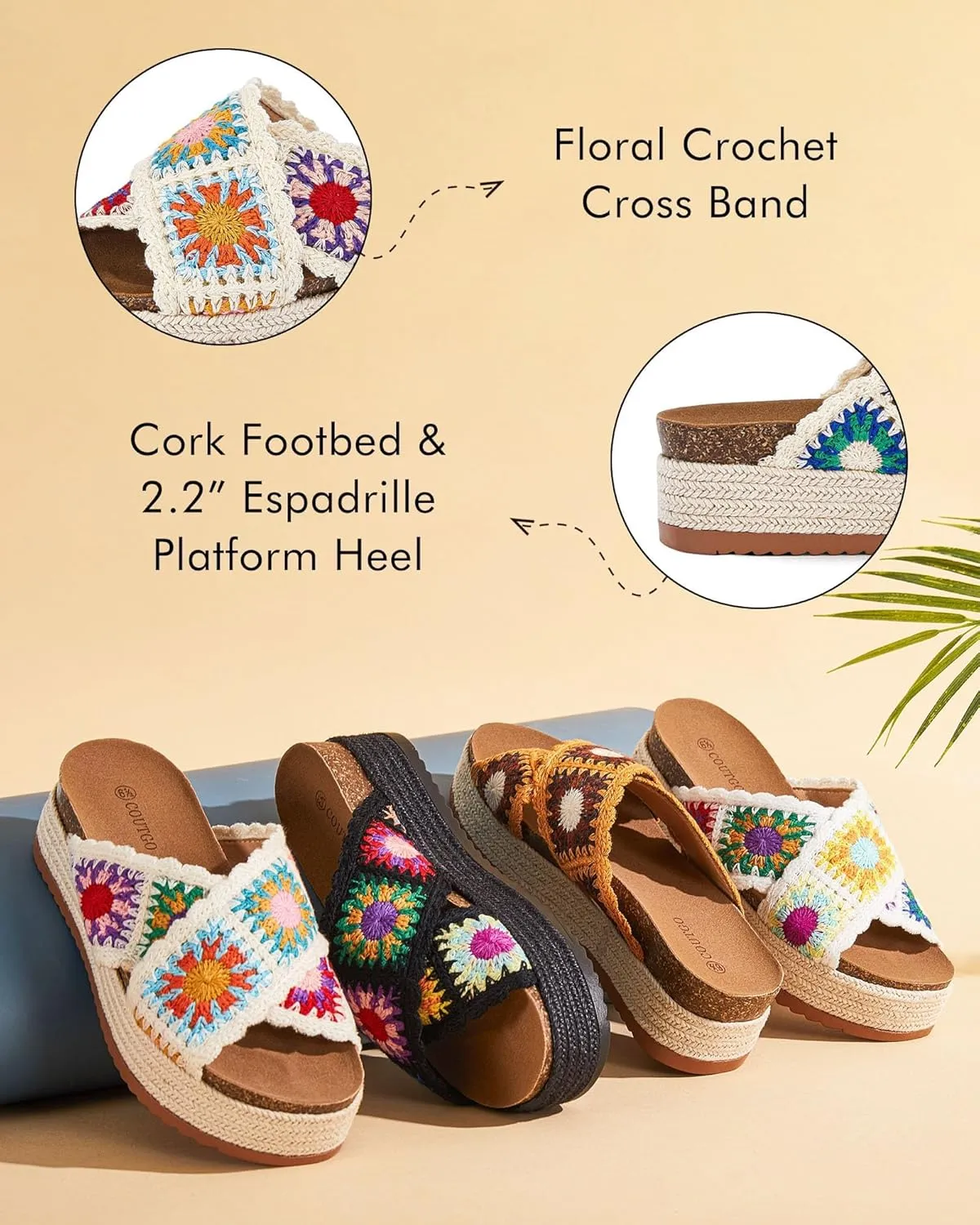 Coutgo Womens Platform Espadrille Sandals Flatform Floral Crochet Cork Open Toe Summer Beach Slide Sandals