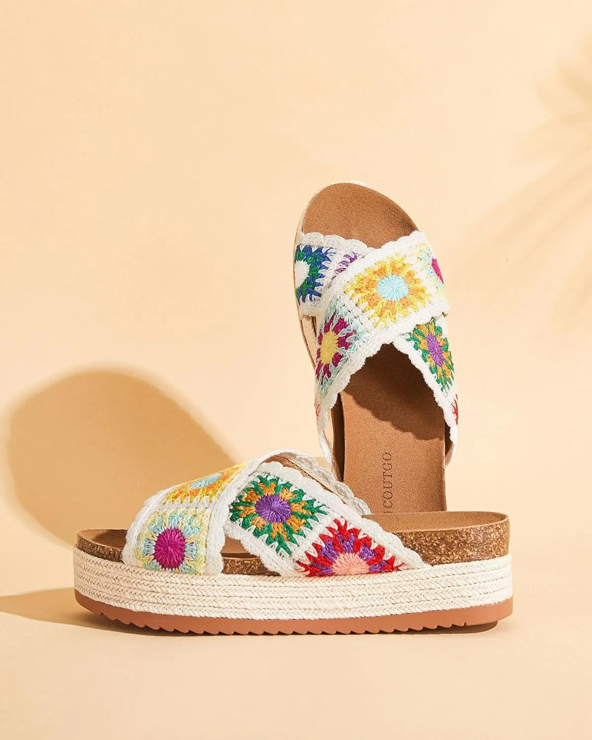 Coutgo Womens Platform Espadrille Sandals Flatform Floral Crochet Cork Open Toe Summer Beach Slide Sandals