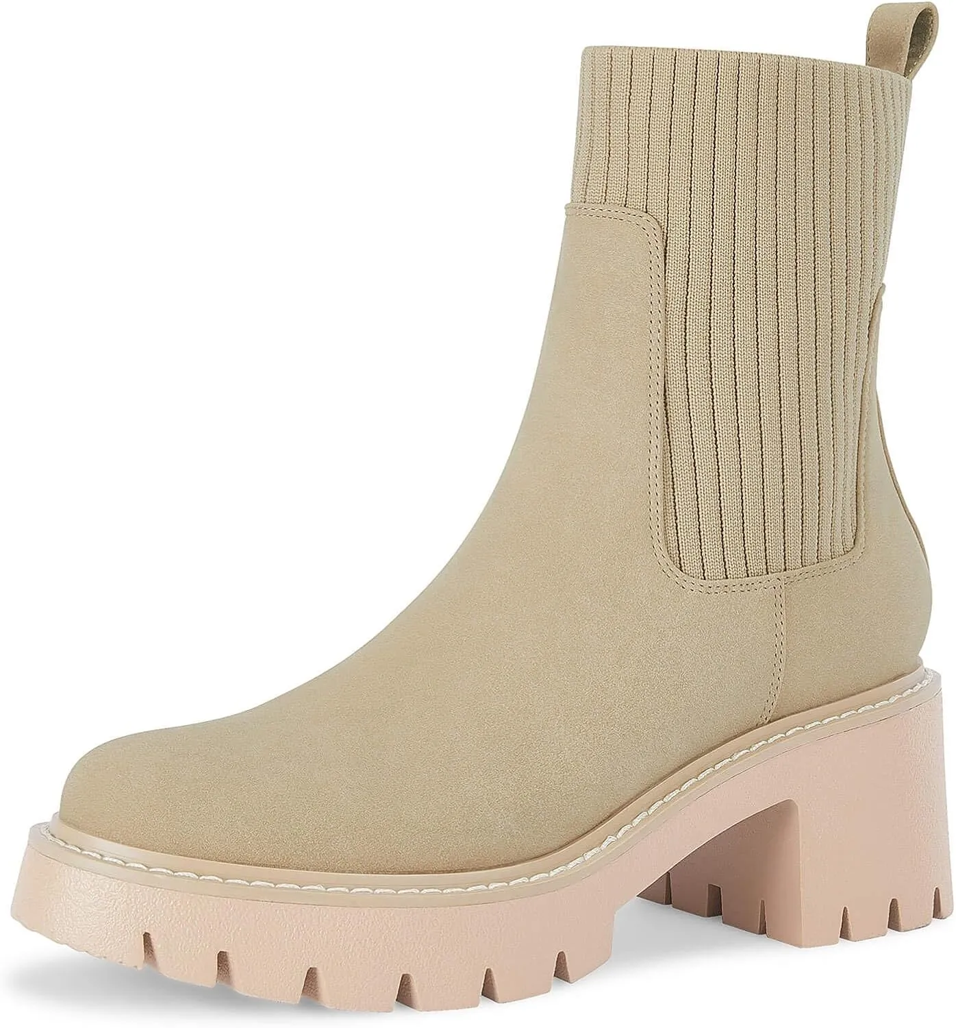 Coutgo Womens Platform Lug Sole Chelsea Ankle Boots Chunky Block Heel Elastic Slip on Short Booties Shoes