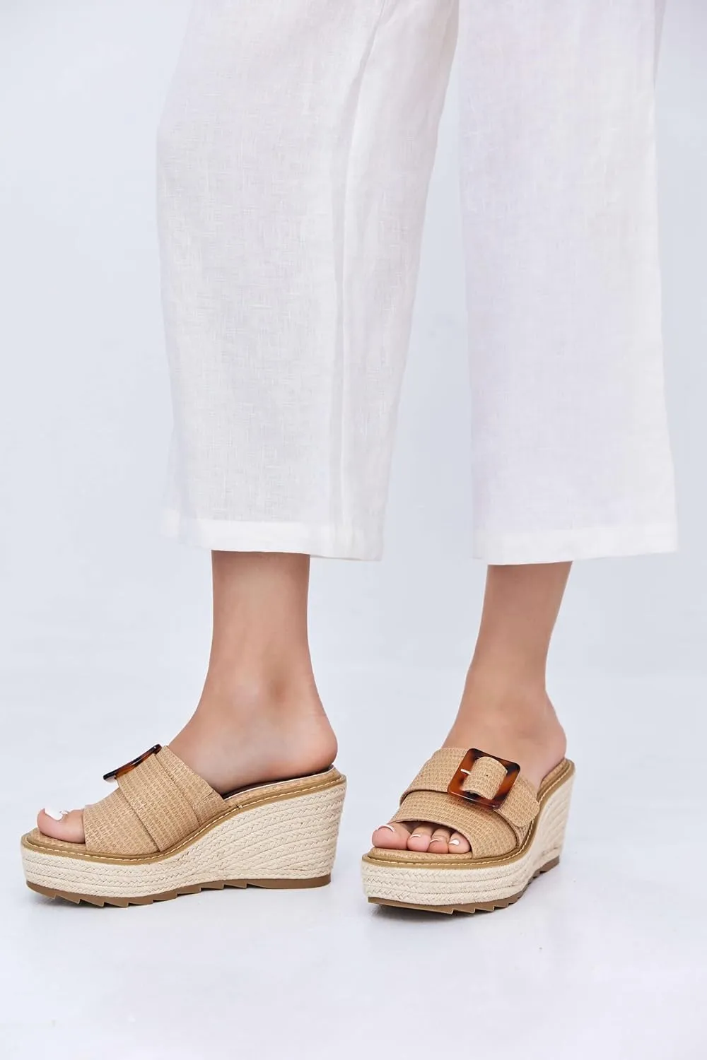 Coutgo Women's Wedge Platform Espadrille Slide Sandals Slip On Open Toe High Heels Buckle Casual Summer Shoes