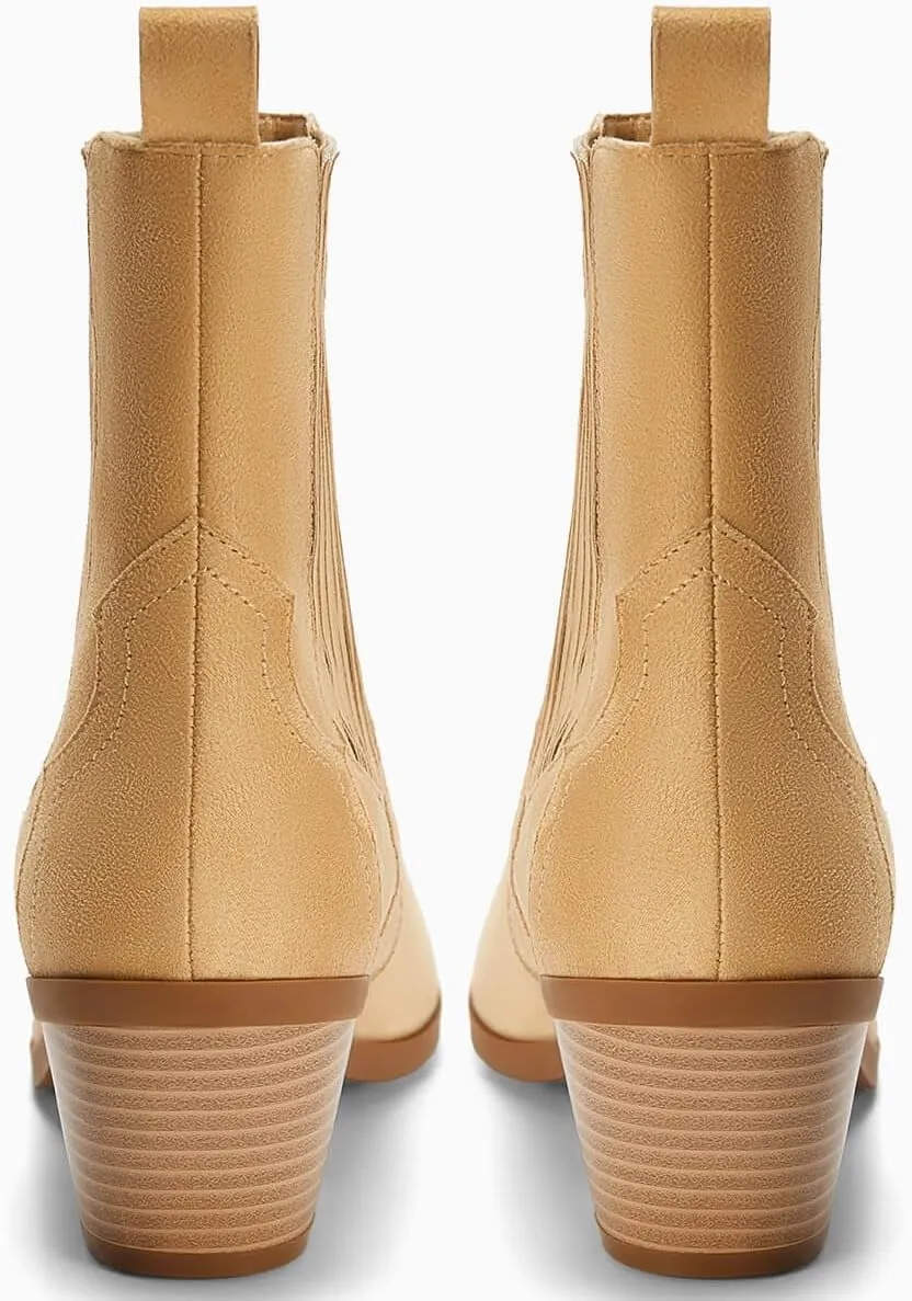 Coutgo Womens Western Pointed Toe Ankle Booties Chunky Stacked Heel Chelsea Boots Cowboy Elastic Winter Boots