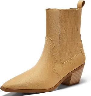 Coutgo Womens Western Pointed Toe Ankle Booties Chunky Stacked Heel Chelsea Boots Cowboy Elastic Winter Boots