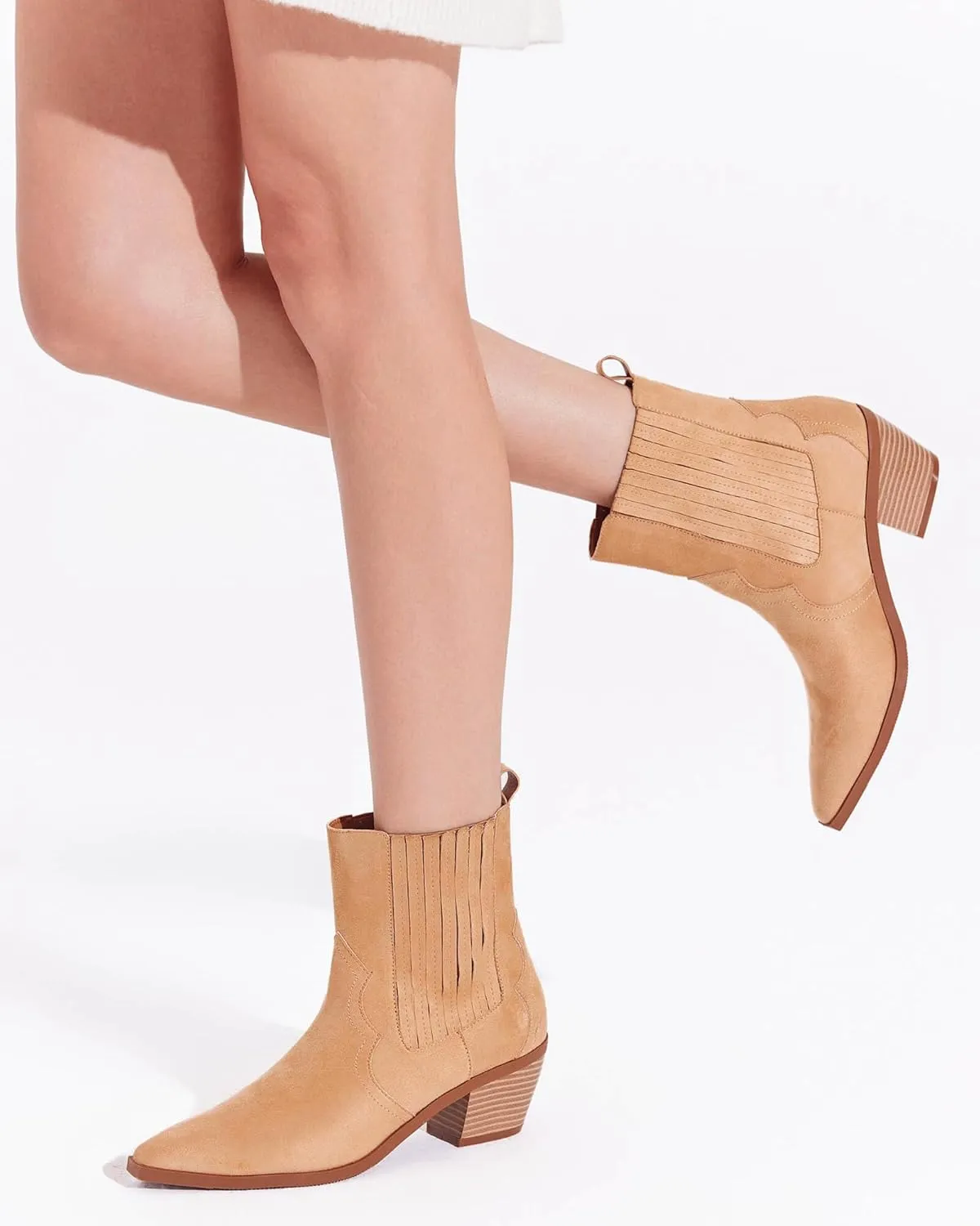Coutgo Womens Western Pointed Toe Ankle Booties Chunky Stacked Heel Chelsea Boots Cowboy Elastic Winter Boots