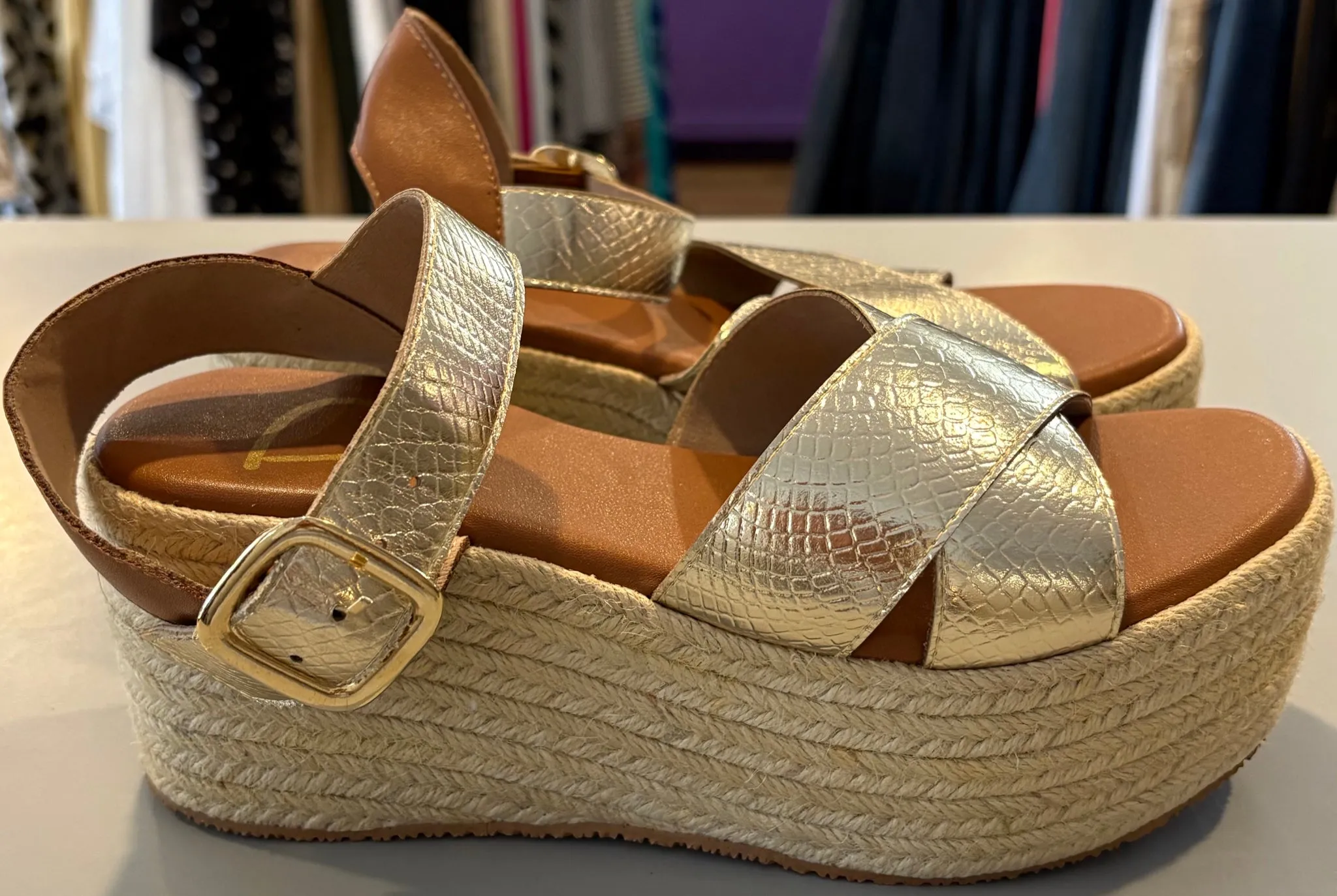 D By David Isaac Noe Gold Platform Espadrille Wedge Sandals Size:39