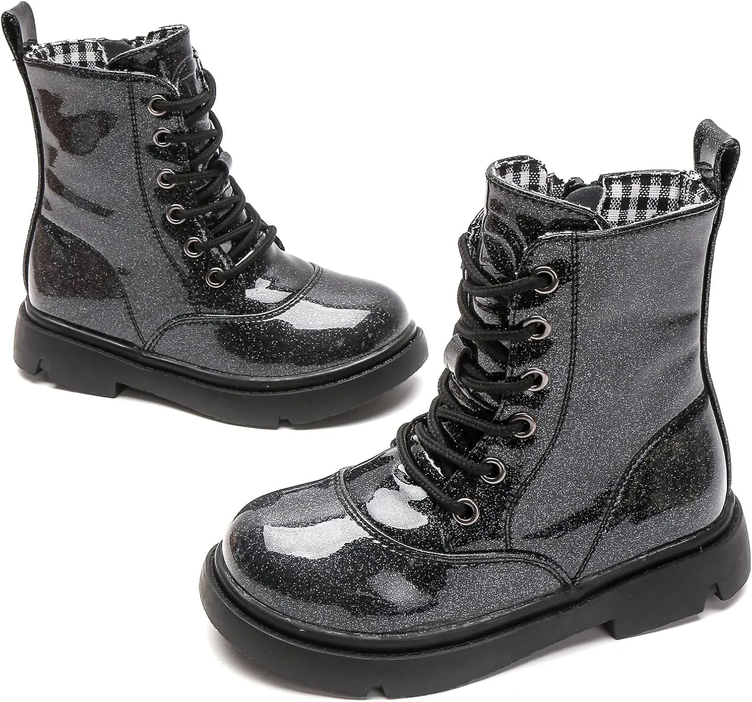 DADAWEN Boys Girls Waterproof Lace Up Glitter Mid Calf Combat Boots With Side Zipper for Toddler/Little Kid/Big Kid