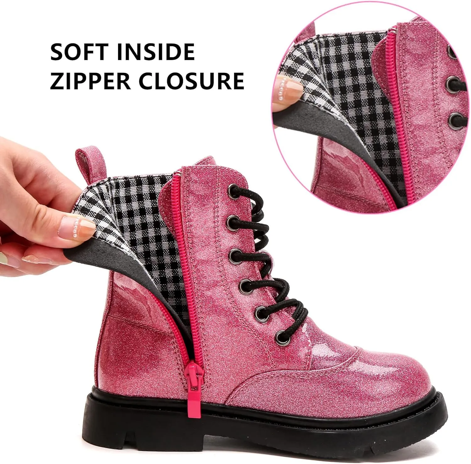 DADAWEN Boys Girls Waterproof Lace Up Glitter Mid Calf Combat Boots With Side Zipper for Toddler/Little Kid/Big Kid