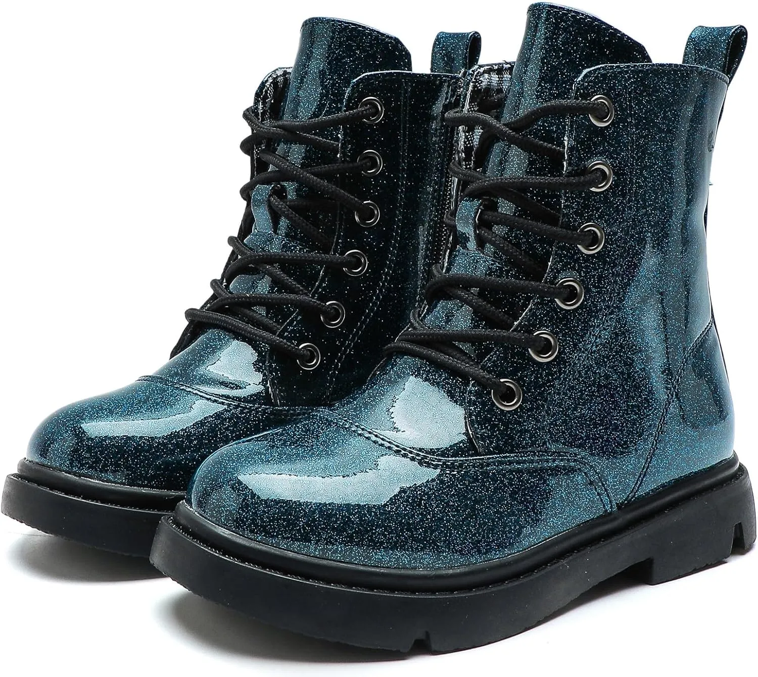DADAWEN Boys Girls Waterproof Lace Up Glitter Mid Calf Combat Boots With Side Zipper for Toddler/Little Kid/Big Kid